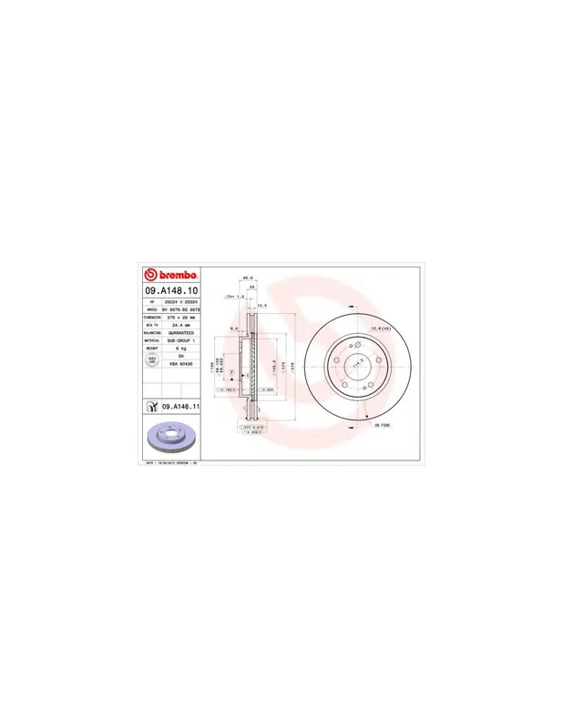 DISCO DE FRENO 2 UNID. X CAJA 09.A148.10 BREMBO - MITSUBISHI SPACE RUNNER (N6_W) - Eje delantero Precio Reducido