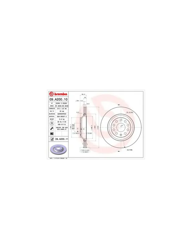 DISCO DE FRENO 2 UNID. X CAJA 09.A200.10 BREMBO - SEAT LEON (5F1) - Eje trasero Mayoreo