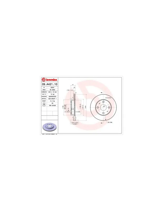Ocasión Especial DISCO DE FRENO 2 UNID. X CAJA 09.A421.10 BREMBO - DAIHATSU STORIA (M1) - Eje delantero