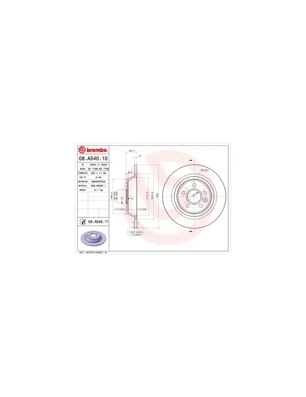 DISCO DE FRENO 2 UNID. X CAJA 08.A540.10 BREMBO - FORD KUGA I - Eje trasero Nueva Colección