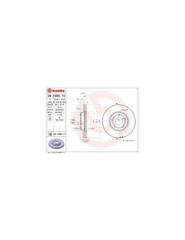 DISCO DE FRENO 2 UNID. X CAJA 09.7395.11 BREMBO - TOYOTA AVENSIS Liftback (_T22_) - Eje delantero Precio Reducido