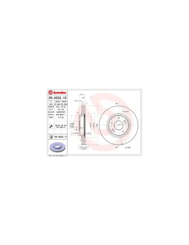 Precio Rebajado DISCO DE FRENO 2 UNID. X CAJA 09.A532.10 BREMBO - HYUNDAI TUCSON (LM, EL, ELH) - Eje delantero