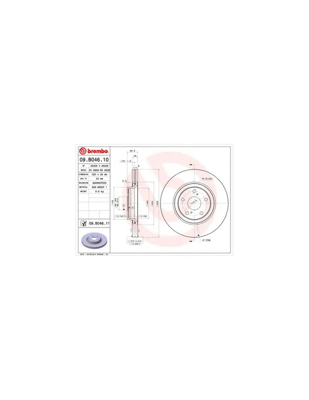 DISCO DE FRENO 1 UNID. X CAJA 09.B046.11 BREMBO - TOYOTA AVENSIS Ranchera familiar (ZRT27, ADT27) - Eje delantero Moderno