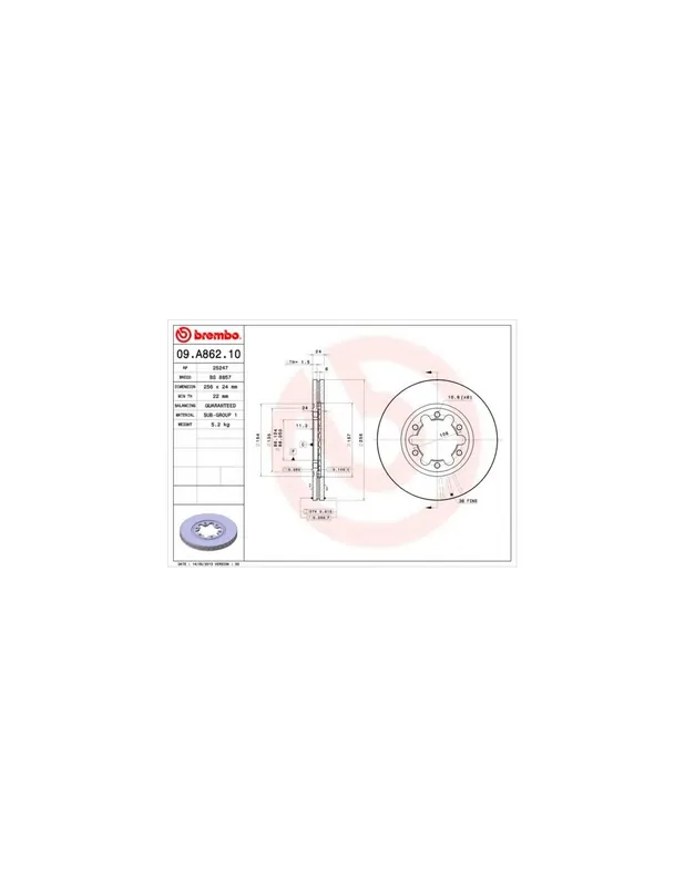 DISCO DE FRENO 2 UNID. X CAJA 09.A862.10 BREMBO - FORD RANGER (ER, EQ) - Eje delantero Envío Exprés