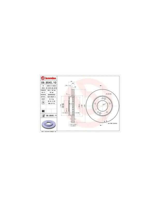 Oferta Especial DISCO DE FRENO 2 UNID. X CAJA 09954511 BREMBO - KIA SORENTO I (JC) - Eje delantero