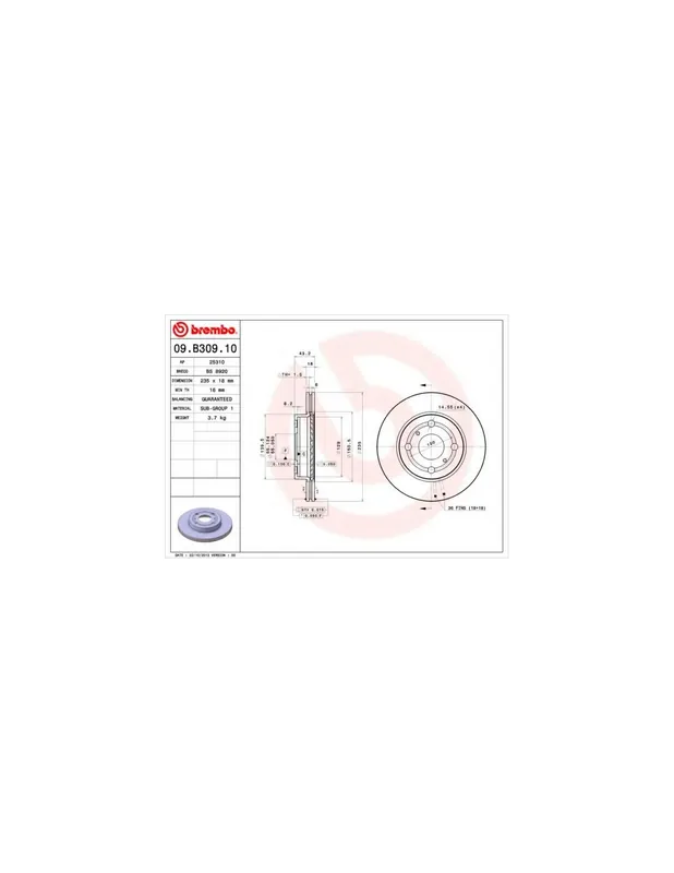 Entrega Rápida DISCO DE FRENO 2 UNID. X CAJA 09B30910 BREMBO - TOYOTA VITZ (SCP1_, NLP1_, NCP1_) - Eje delantero